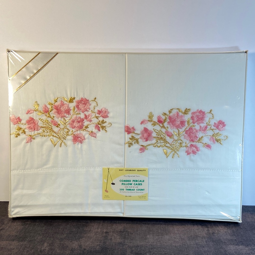 Vintage 1950's Fifth Avenue Originals Floral Embroidered Pillowcases- New in Box